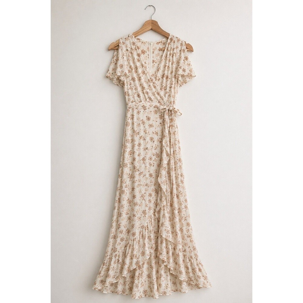 Altar’d State Ivory Beige Floral Wrap Maxi Dress Ruffle Hem Size XS